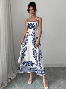 Elenzga Women's Summer Locational Printed Spaghetti Strap A-Line Dress - Navy Blue - View 6