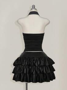 SHEIN ICON Top corto halter fruncido negro con espalda descubierta y detalle de lazo, apto para vacaciones, festivales de música, estilo punk, talla grande