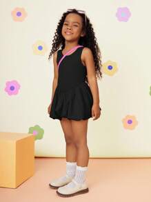 SHEIN Young Girl Fashion Solid Color Patchwork Round Neck Fitted Woven Dress - Black - View 4