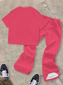 SHEIN Tween Boys Casual Minimalist Letter Print Crew Neck T-Shirt & Flared Pants 2pcs Set, Summer - Multicolor - View 2
