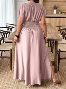 Plus Size Women Deep Shirred Waist Cinched Solid Color Vacation Mini Dress, Sexy