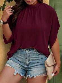 EMERY ROSE Camisa casual de mujer talla grande de unicolor con cuello alto y mangas tipo murciélago - Burdeos - Ver 1