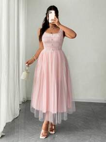 Celure Vestito lungo elegante da donna con maschera senza maniche, in vita alta, decorato con bottoni in perla, in contrasto con rete, misure forti
