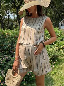 SHEIN 2pcs Maternity Loose Striped Print Round Neck Vest And Shorts Set - Khaki - View 3