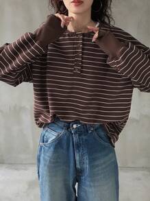 FRIFUL 女士休闲宽松落肩条纹 T 恤，春/秋 - 棕色 - 查看 3
