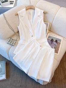 Franclia Elegant Fashion Gold Button White Blazer Vest & Shorts 2 Pieces Set For Women