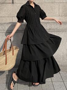 FRIFUL Women's Puffy Sleeve Waist Cinched Multi-Layered Midi Dress, Solid Color,Ruffle - Black - View 9