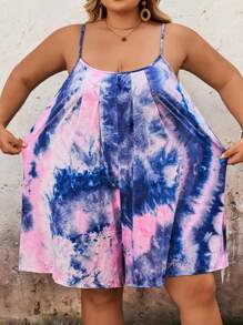 SHEIN CURVE+ Mono casual con pliegues y efecto tie-dye con tirantes de espagueti para mujer de talla grande para verano, Curve Plus, Hoho - Atuendos para vacaciones/playa para mujer, vestido de playa, atuendos para vacaciones en la playa, artículos esenciales de playa, vestido para graduación/té.