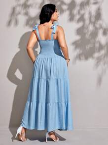 Viva Relle Plus Size Women Solid Smocked Ruffle Hem Sleeveless Elegant Dress - Baby Blue - View 4