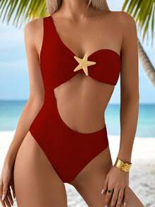Swim Vcay Women Spring Break Sexy Vacation Backless One Shoulder Pink Summer One-Piece Swimsuit - Burgundy - View 4