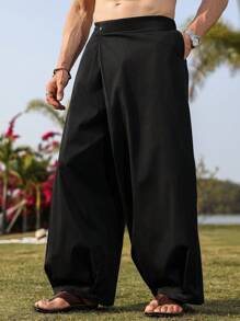 Manfinity Nomadique Men's Solid Color Asymmetric Front Design Wide Leg Casual Pants , Baggy Pants Men Pants , Men Wide Leg Pants , Men Baggy Pants , Men Pants Loose Fit