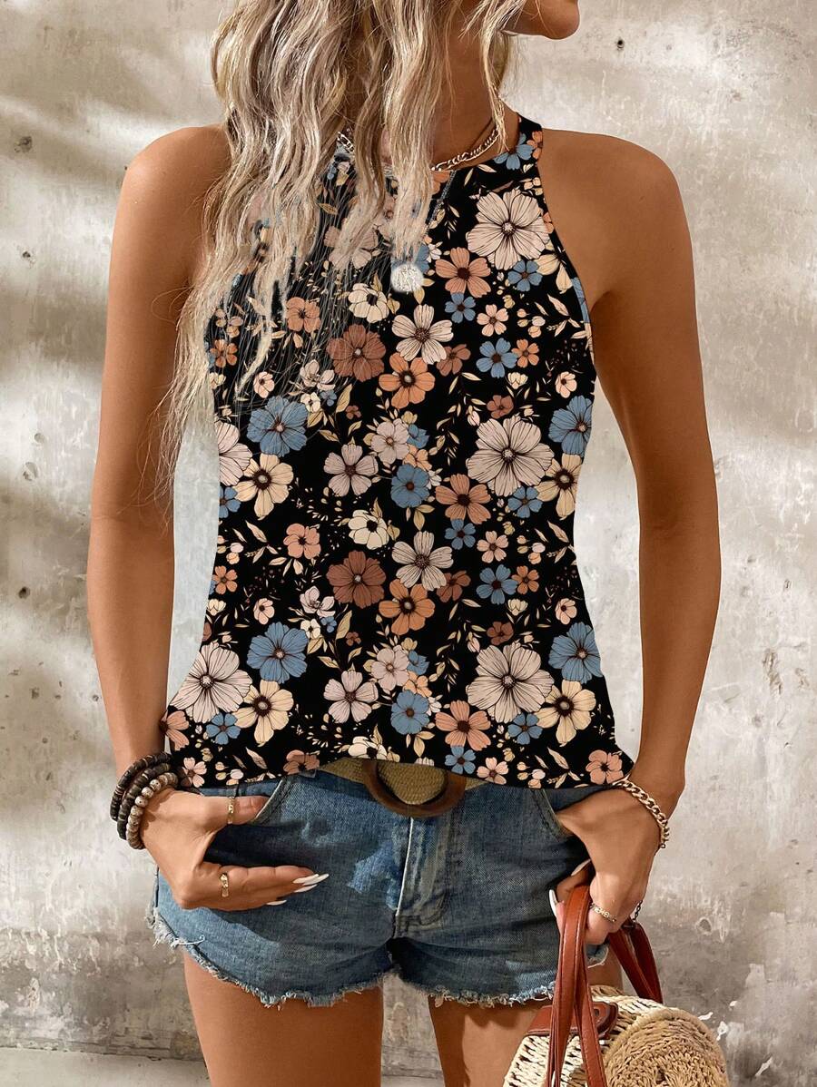 SHEIN LUNE Plus Size Women's Casual Minimalist Ditsy Floral All-Over Print Camisole & Tank Top Set