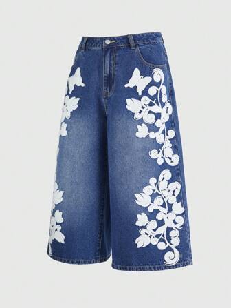 Herren Loose Fit Jeans mit Schmetterling Muster Patchentasche und weitem Bein für Lässig Anlässe