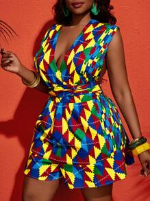 Slaydiva Macaquinho Plus Size Feminino de Verão com Amarra no Pescoço, Nó na Cintura, Estampa Xadrez Colorida - B - Multicolorido - Visão 7