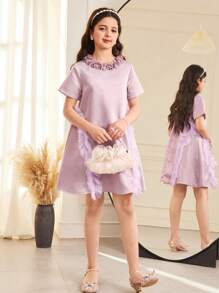 SHEIN Tween Girl Glamorous Elegant Floral Embroidered Round Neck A-Line Ruffle Hem Princess Dress, Pink - Pink - View 4