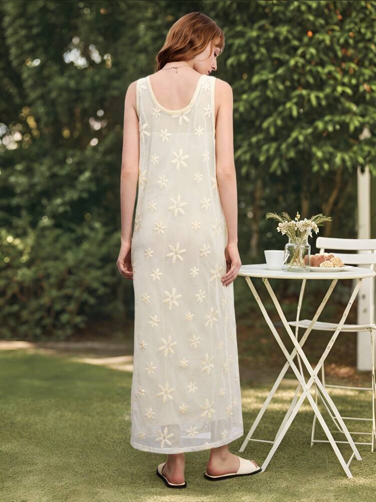 SHEIN Maija Solid Color Round Neck Embroidered Sleeveless Casual Dress