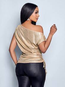 SOLERSUN Women's Solid Color Asymmetrical Neck Drawstring Side Metallic Blouse One Shoulder Top