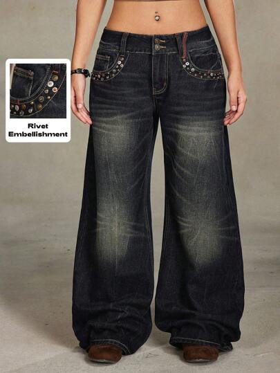 ROMWE Grunge Punk Spring/Summer Plus Size Women Retro Vintage Distressed Rivet Design Loose Low Waist Bell-Bottom Jeans
