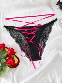SHEIN Opulent Queen Encantador, elegante y sexy "Poder de la mujer" Pantaletas de mujer con contraste de color, estampado a rayas, satén, encaje floral, cruzado y anudado, diseño calado, en color negro y rosa