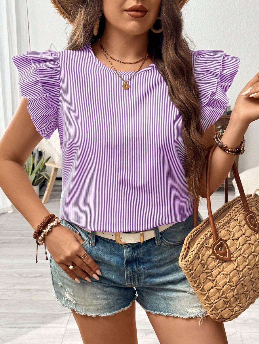 Flirla Plus Size Casual Striped Cap Sleeve Blouse - Purple - View 1
