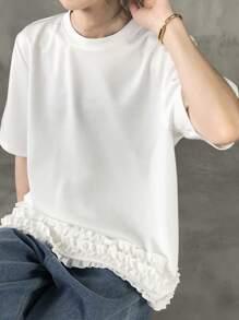 FRIFUL Maglietta casual da donna a maniche corte, girocollo, con patchwork e volant in fondo, in colore tinta unita, graziosa