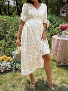 SHEIN Ditsy Floral Maternity Nursing Dress With Short Sleeves, For Vacation - Multicolor - View 4