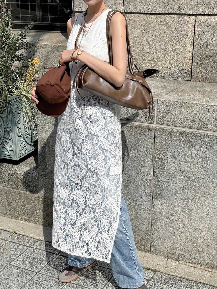 FRIFUL 女士圆领无袖蕾丝连衣裙，夏季度假生日派对长裙 - 白色 - 查看 1