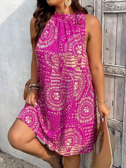 SHEIN VCAY Plus Size Women Floral Print Casual Halter Neck Dress, For Vacation,Beach Dress Sundress,Holiday Outfits Boho