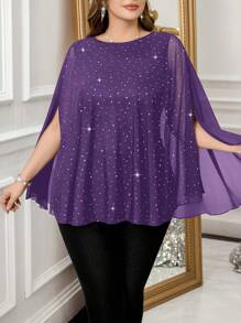 SHEIN Clasi Plus Size Women's Rhinestone Embellished Batwing Loose Elegant Blouse - Purple - View 1