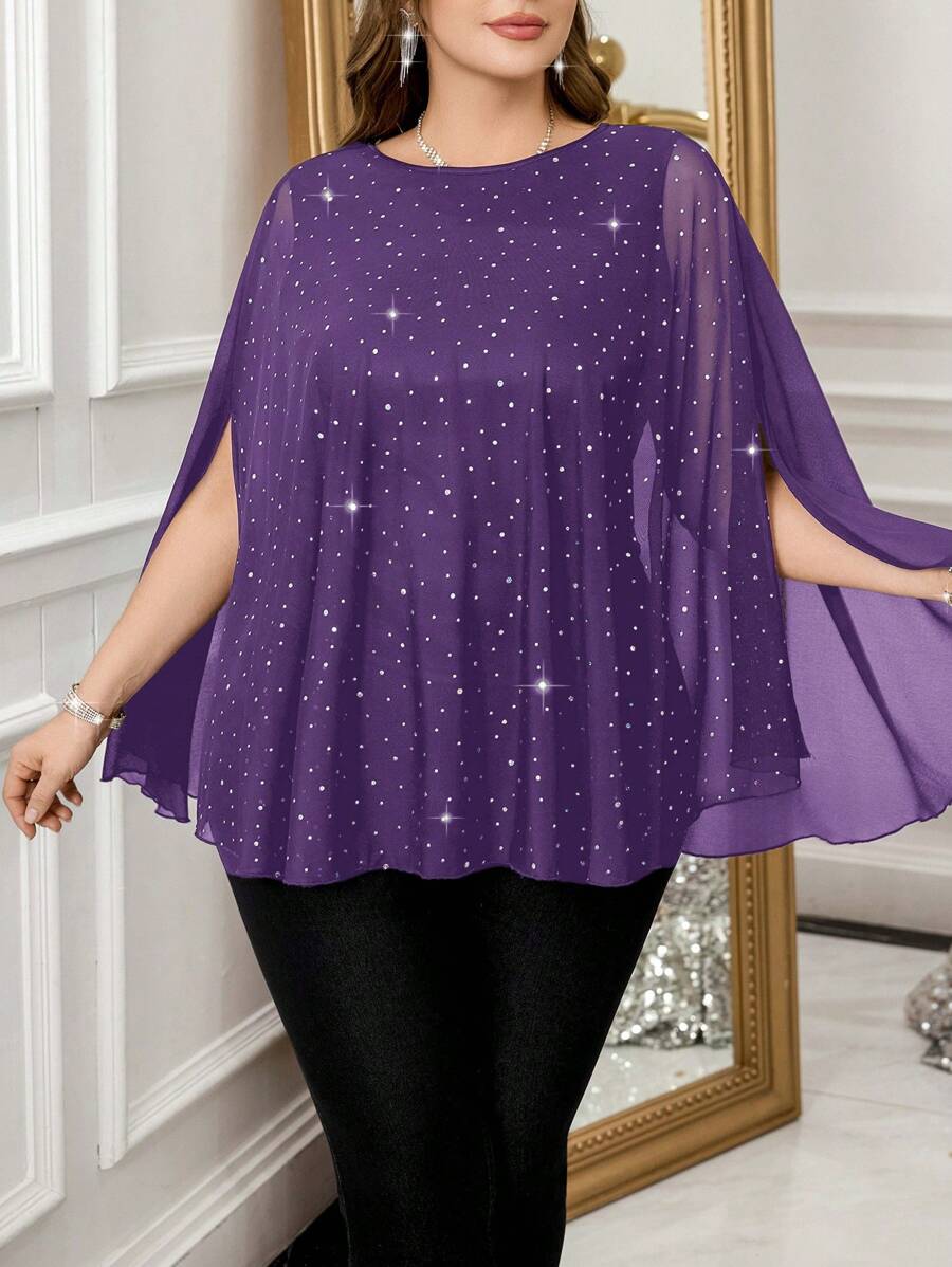SHEIN Clasi Plus Size Women's Rhinestone Embellished Batwing Loose Elegant Blouse - Purple - View 1