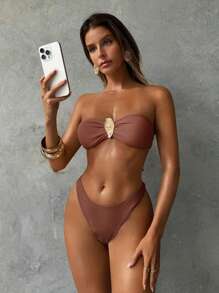 Aloruh Top de bikini bandeau sans bretelles et sans dos, de couleur unie élégante et sexy, style minimaliste vintage, décoré de fleurs métalliques kaki, pour femmes - Tabac - Voir 6