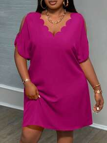 Slaydiva Plus Size Dress With Hollow Sleeves And Scallop Edge Collar - Purple - View 1