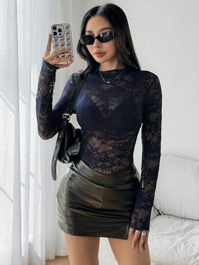 EgrlEra Women's Lace Floral See-Through Sexy Top, Elastic Fabric (Random Cut) Fall Cloth For Women