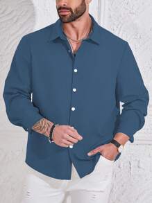 Manfinity Homme Plus Size Men's Minimalist Casual Button-Up Long Sleeve Shirt, Suitable For Commute, Navy Blue Dress Shirt Men, Dark Blue Shirt Men
