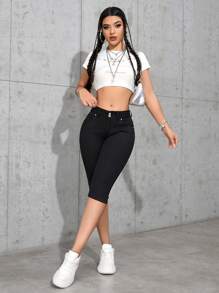 SHEIN EZwear 女式休闲百搭纯色紧身牛仔裤 - 黑色 - 查看 4