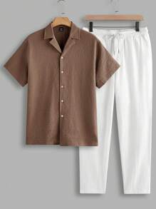 Manfinity VCAY Men's Woven Mandarin Collar Fitted Casual Shirt Set, Suitable For Summer