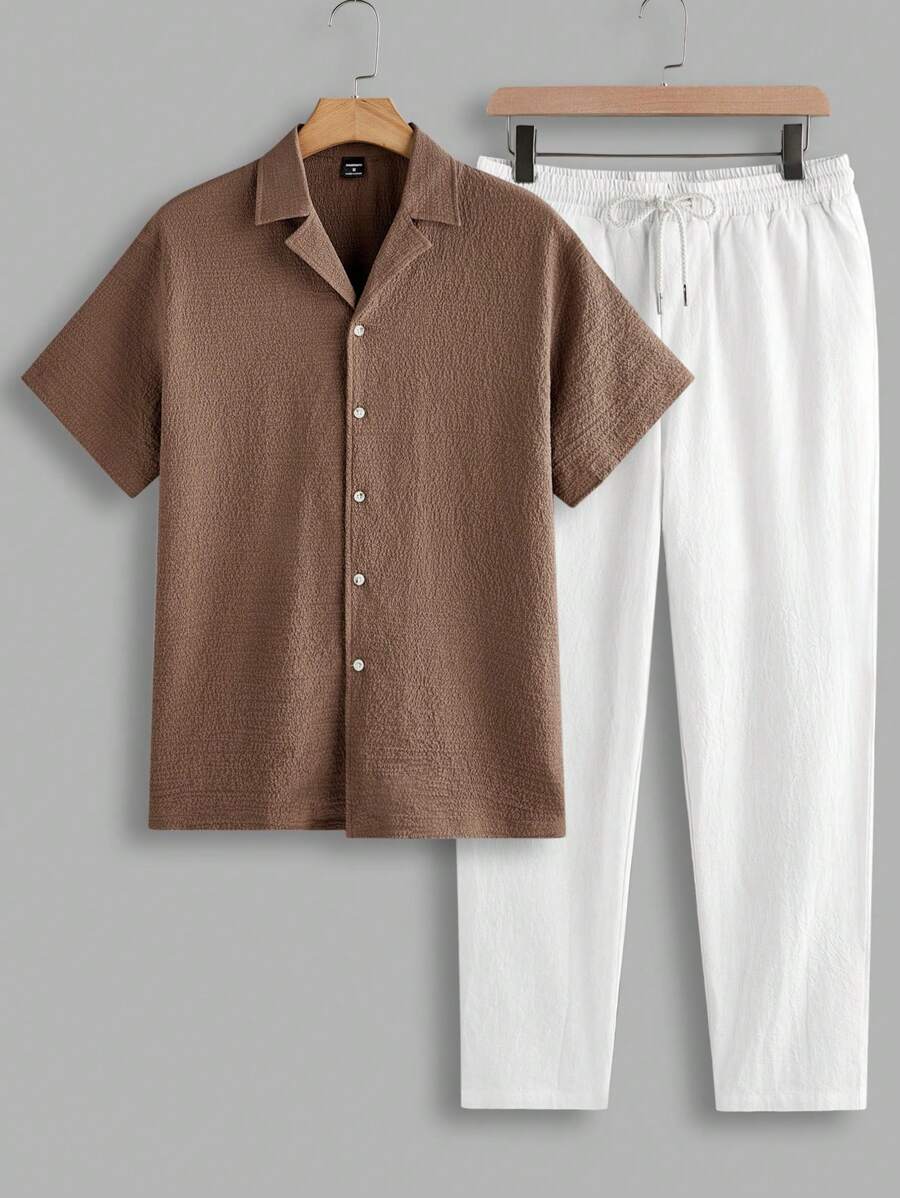 Manfinity VCAY Men's Woven Mandarin Collar Fitted Casual Shirt Set, Suitable For Summer