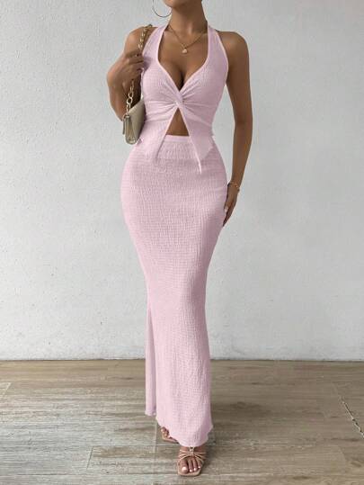 Rafferiza Women 2pcs/Set Solid Twist Halter Crop Top And Bodycon Skirt, Sexy Outfit
