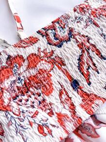 SHEIN Teen Girl Red & White Vacation Positioning Print, Halter Neck Hollow Out Cinched Waist Casual Vacation Dress