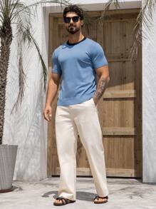 DAZY 男士休闲圆领撞色边饰短袖针织上衣，夏季 - 藍色 - 查看 3