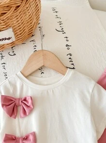 Baby Girl Cute Pink Bowknot Short Sleeve Top And Long Pants 2 Pieces Set, Summer - Multicolor - View 4
