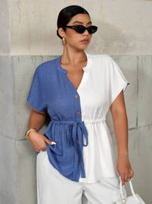 Elenzga Plus Size Notched Neck Denim Effect Texture Shirt With Button Front, Adjustable Waist Belt, Contrast Color Splice, Casual Wear & Commute - Blue and White - View 3