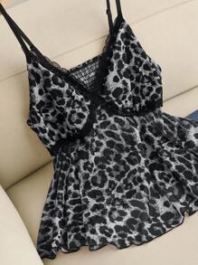 Elaquor Plus Size Fashionable Leopard Print Lace Trim Cami Top - Grey - View 6