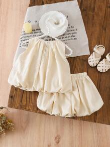 LMoss Kids LMoss  2pcs Baby Girls' Solid Woven Patchwork Bow Decor Sleeveless Top And Shorts Set Cute Matching Outfit