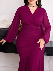 Modelyn Plus Size Elegant Solid Color Lantern Sleeve Dress Purple Fall - Red Violet - View 1