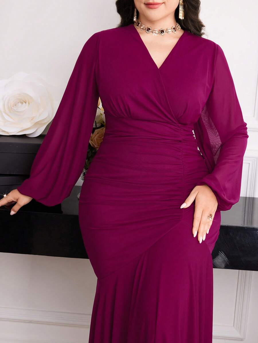 Modelyn Plus Size Elegant Solid Color Lantern Sleeve Dress Purple Fall - Red Violet - View 1