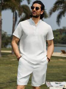 Manfinity Nomadique Conjunto de camisa de manga corta y pantalones cortos de unicolor para hombre, de moda para el verano