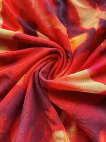 SHEIN SXY Plus Size Women's Tie-Dye Print Mesh Fabric One-Shoulder Ruched Top And Asymmetric Hem Bodycon Skirt 2 Pieces Set, Suitable For Early Spring, Spring And Summer, Rainforest, Beach Party, Seaside Vacation, Bonfire Party, Cool And Light, Slim Fit, Comfortable To Wear, Easy To Match, Flatters The Figure - Multicolor - View 5