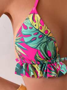 Swim Lushoire Women's Printed Triangle Top Bikini Set With High Waist Solid Color Bottoms For Summer Beach Vacation - Hot Pink - View 4