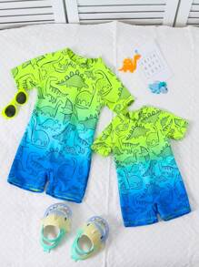 1件男婴渐变恐龙印花拉链连体泳衣（兄妹装，2件套单独出售） - 彩色 - 查看 1